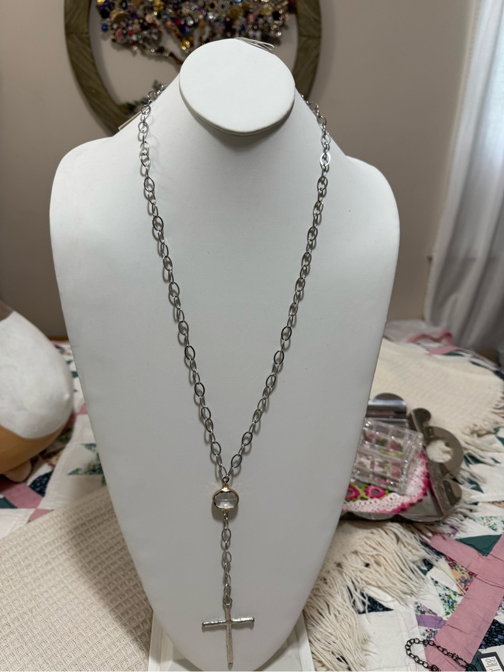 Lula n Lee Silver Cross Pendant Long Chain Necklace - Silver Crystal Accent